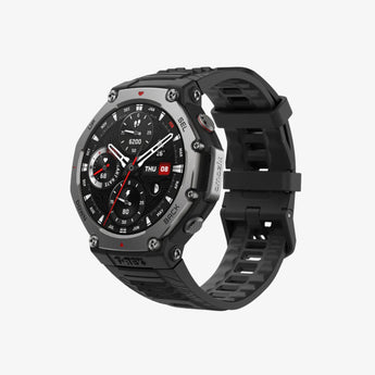 Black smartwatch with a detailed display on a white background