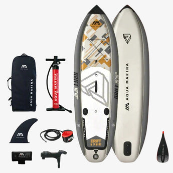 Aqua Marina Drift 10'10" Fishing Inflatable SUP Board package including the board, paddle, pump, backpack, fins, and additional accessories.
