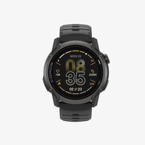 Black smartwatch with digital display on a white background