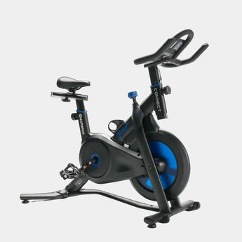 black and blue spin exercise bike by echelon on a grey studio background