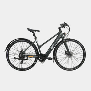 A step-through electric bike, predominantly gray in color, in a studio setting