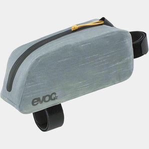 A gray EVOC Top Tube Pack WP 0.8L mounted on a bicycle frame, featuring a zippered closure and the brand's logo.