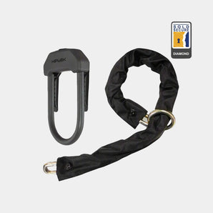 A black Hiplok DXXL D-Lock & Chain Combo, with the brand's logo and the Sold Secure Diamond Rated badge visible.
