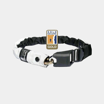 A Hiplok High Visibility Wearable Chain Lock, predominantly black in color, with a high-visibility yellow and blackSUPERBRIGHT option, displayed with a 'Gold Sold Secure' rating badge.