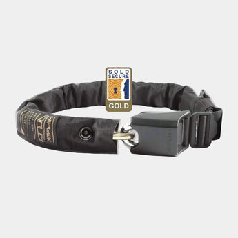 A Hiplok Gold Wearable Chain Lock with a black sleeve and a metallic clasp, alongside a 'Gold Secured' rating emblem.