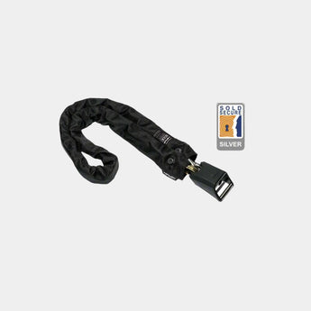 A silverHiplok home chain lock with a black anti-frame scratch sleeve and a Sold Secure certification logo, designed for high-security bike storage.