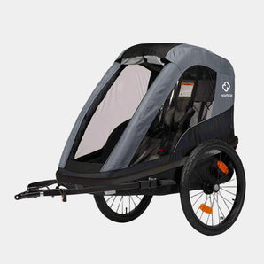 Black and gray bike trailer with a canopy on a gray background