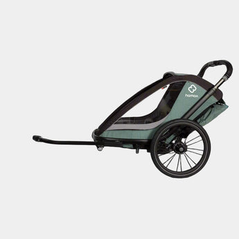 Child trailer with a brand logo on a gray background