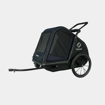 Black pet stroller with visible brand logo on a white background