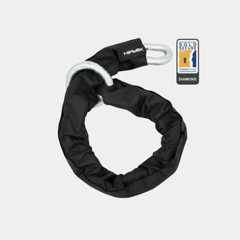 A black Hiplok MEGA Chain lock, a high-security bike lock, with a loop-end design and a white branded tag showing the product name and certification.
