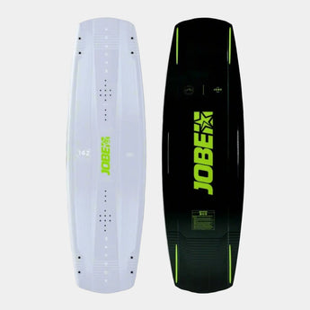 The image shows two views of the Jobe Maddox Wakeboard, one from the top and one from the bottom. The top view is white with green branding, and the bottom view is black with green accents and text.