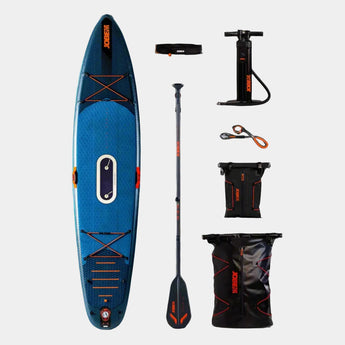 Blue paddleboard with accessories on a gray background