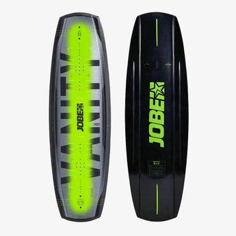 Jobe Vanity Wakeboard featuring a black and green color scheme with the Jobe brand logo in green on the top surface, and deep grooved channels along the base.
