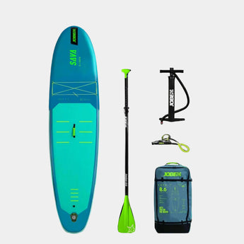 Teal inflatable stand-up paddleboard with accessories on a gray background