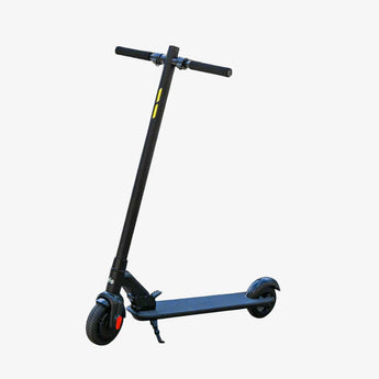 A black Li-Fe 200 electric scooter with its kickstand down, parked on a stone surface with a fountain and stone buildings in the background.