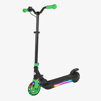 A black Kids Electric Scooter with green handlebars and LED light-up wheels, displayed in a studio grey setting