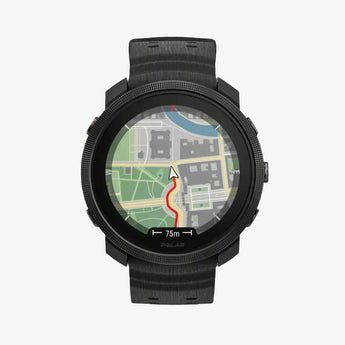 Black smartwatch displaying a map on its screen with a white background