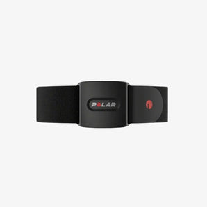 Black heart rate monitor chest strap with Polar logo on a white background