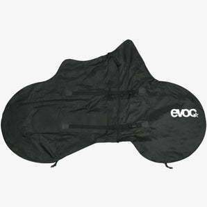 Black bicycle cover with 'evoc' branding on a gray background