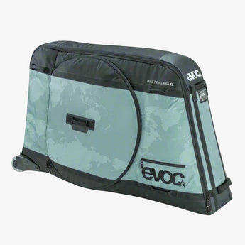 An olive green EVOC Bike Travel Bag XL designed for transporting plus and fat bikes, featuring a camouflage pattern and brand logos.