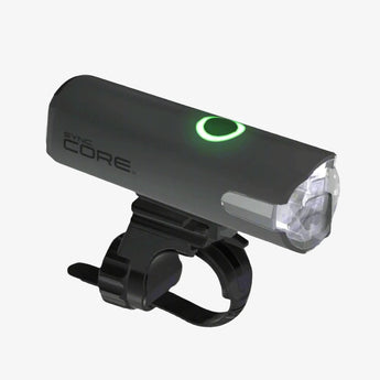 A black Cateye Sync Core 500 Bluetooth front bike light mounted on a handlebar with LED lights visible.