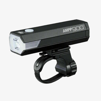 Cateye AMPP 900 Front Bike Light, black color, mounted on a bike handlebar bracket.