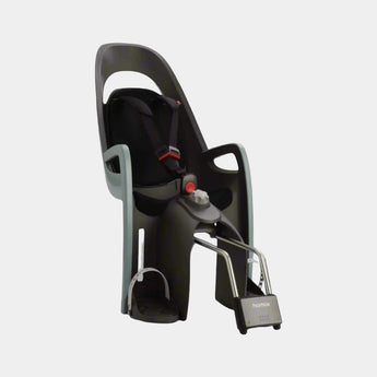A Hamax Caress child bike seat with lockable bracket, featuring a black color scheme, adjustable footrests, and a suspension system.