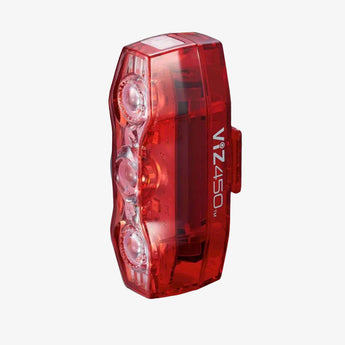 A red Cateye VIZ 450 rear bike light with LED lights visible through the translucent casing, featuring a battery compartment and switch.