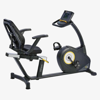 LifeSpan R3i Fitness Recumbent Bike with adjustable seat, backrest, and footrests, featuring a large cushioned seat and a console.