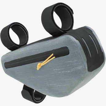 A gray EVOC Multi Frame Pack WP 0.8L with black mounting straps and a yellow zipper, designed for bike frames.