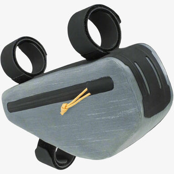 A gray EVOC Multi Frame Pack WP 1.2L mounted on a bicycle frame, designed for waterproof storage space for cycling accessories.