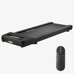 Black treadmill with remote control on a gray background