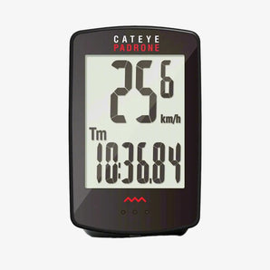 Cateye Padrone cycling computer displaying speed and time on a gray background