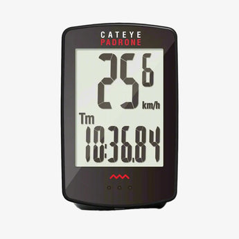 Cateye Padrone cycling computer displaying speed and time on a gray background