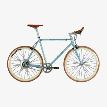 Light blue bicycle with brown wheels on a white background