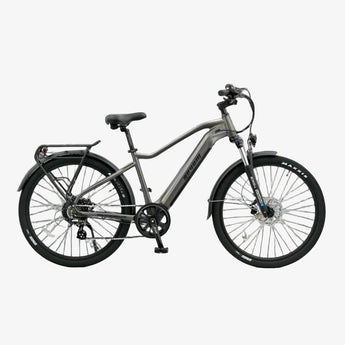 A gray and black Revom U2 All Terrain Electric Bike with 27.5-inch wheels, integrated front and rear lights, and a rear rack.