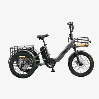 A gray folding urban electric trike with a basket on the front and a cargo bed at the back, equipped with a motor and a color LCD display.