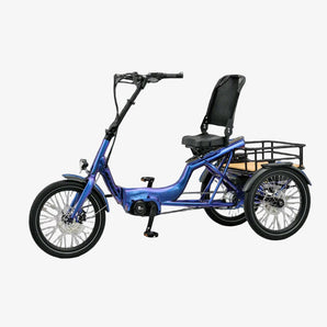 A blue Revom T4 Semi Recumbent Electric Tricycle with a black seat, basket, and a display on the handlebar. The trike is shown against a grey background.
