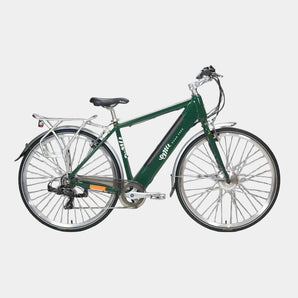 A green EMU Roam Crossbar electric bike with a kickstand, grey studio background