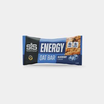 A single wrapped SIS Energy Oat Bar in Blueberry flavor, shown on a clean light gray background. The package is blue and black with white text and a small food photo on the right.