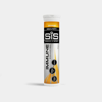 A single tube of SIS Immunity Orange dietary supplement powder, featuring a white and black label with orange accents, set against a light gray background.