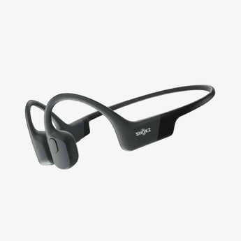 Shokz OpenRun Earphones in black color, featuring an open-ear design with bone conduction technology and a lightweight, ultra-light design.
