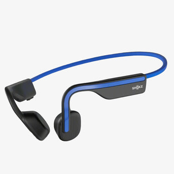Shokz OpenMove Earphones featuring a blue and black color scheme with an open-ear design and bone conduction technology.