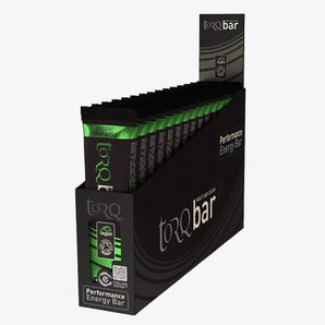 Display box of torQ bar performance energy bars on a white background