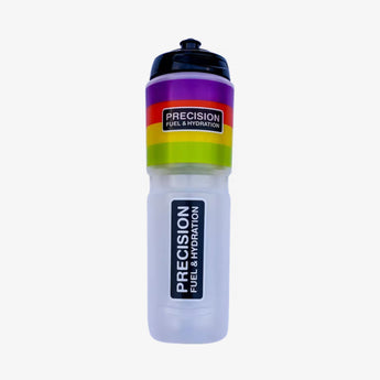 Clear water bottle with colorful label and black cap on a white background