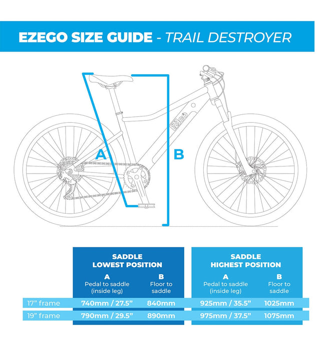 Ezego Trail Destroyer II Electric Mountain Bike, Blue - 64km Range Electric Mountain Bike Ezego 