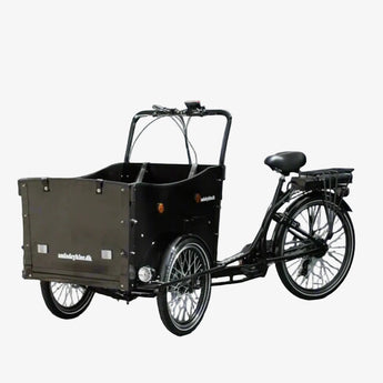 Black cargo bike with a large storage box grey studio background