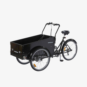 Black cargo bike with a large storage box on a white background