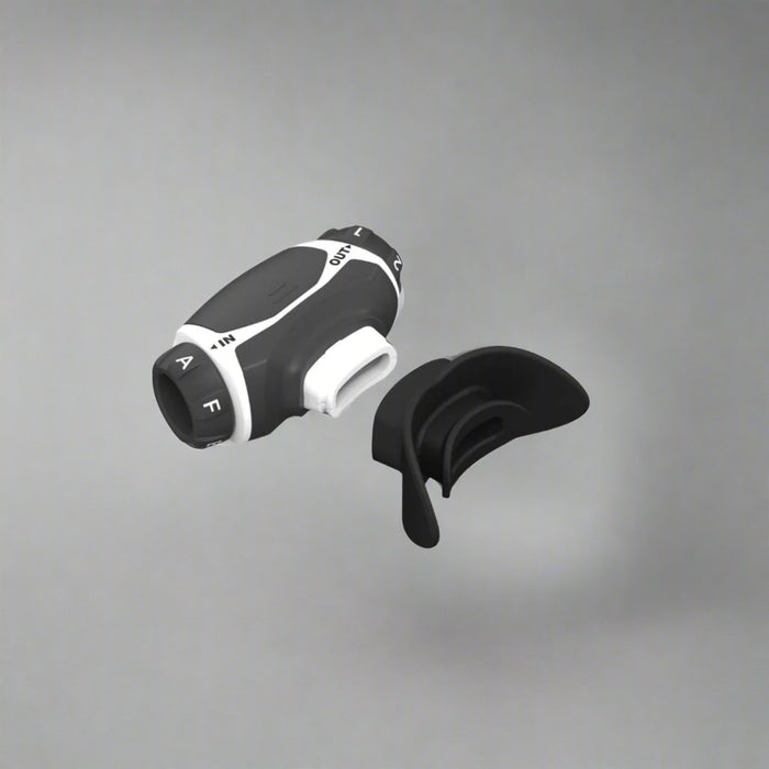 Black and white handheld device on a light gray background