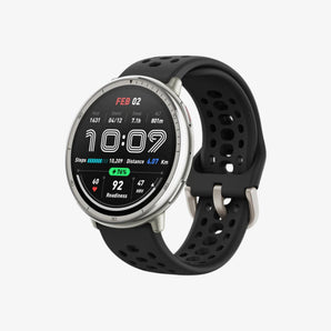Smartwatch with a black perforated band on a white background